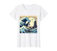 Gato Surfing Hokusai Gran Ola Fuera Kanagawa Arte Japonés Camiseta gráfica económica, Mujer, Blanco, L