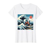 Gato Surfing Hokusai Gran Ola Fuera Kanagawa Arte Japonés Camiseta gráfica económica, Mujer, Blanco, XL