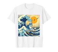 Gato Surfing Hokusai Gran Ola Fuera Kanagawa Japonés Retro Camiseta gráfica económica, Hombre, Blanco, M
