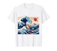 Gato Surfing Hokusai Gran Ola Fuera Kanagawa Japonés Retro Camiseta gráfica económica, Hombre, Blanco, XL