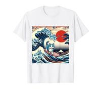 Gato Surfing Hokusai Gran Ola Fuera Kanagawa Japonés Retro Camiseta gráfica económica, Hombre, Blanco, L