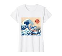 Gato Surfing Hokusai Gran Ola Fuera Kanagawa Japonés Retro Camiseta gráfica económica, Mujer, Blanco, XS