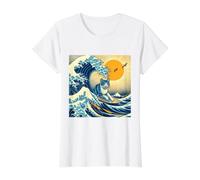 Gato Surfing Hokusai Gran Ola Fuera Kanagawa Japonés Retro Camiseta gráfica económica, Mujer, Blanco, XL