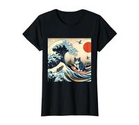Gato Surfing Hokusai Gran Ola Fuera Kanagawa Japonés Retro Camiseta gráfica económica, Mujer, Negro, M