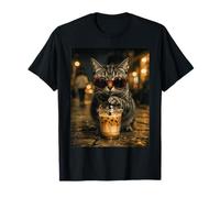 Gato Tabby Bebiendo Café Helado Animal Divertido Camiseta