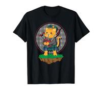 Gato Tocando gaitas Escocia Kilt Banda músico Rockstar Camiseta gráfica económica, Hombre, Negro, L