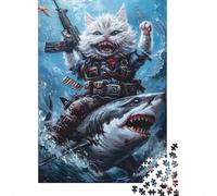 Gato Valiente Aventura Tiburón Océano Puzzle de 1000 Piezas Papel para Adultos Escena Fantástica Diversión Familiar Relajación Hogar 38x26cm/1000pcs