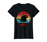 Gato Vintage ¿Qué? Divertido Gato Negro Gato Asesino con Cuchillo Camiseta gráfica económica, Mujer, Negro, S