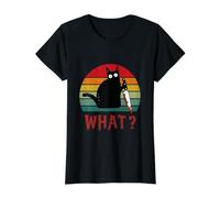 Gato Vintage ¿Qué? Divertido Gato Negro Gato Asesino con Cuchillo Camiseta gráfica económica, Mujer, Negro, S
