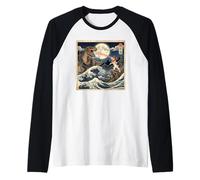 Gato vs T-Rex Japonés Gran Ola Arte Divertido Camiseta Manga Raglan