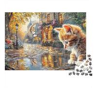 Gato y León Rompecabezas 1000 Piezas Noche Juego para Adultos Gatito Mira su Reflejo en el Agua, Premium Grueso Resistente, Vibrante Desafiante Duro Alivio Estrés 38x26cm/1000pzs