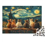 Gatos Bajo el Cielo Estrellado - Puzzle 1000 Piezas Animales Cartón Padres e Hijos Alivio de Ansiedad 70x50cm