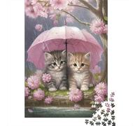 Gatos bajo Paraguas Sakura Puzzle para Adultos Puzzle de 1000 Piezas Papel Flores de Cerezo Relajación Regalo Familiar 70x50cm/1000pcs