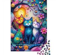 Gatos Coloridos Patrón Floral Puzzle de 1000 Piezas Papel para Adultos Vista Nocturna Relajante Decoración 52x38cm/1000pcs