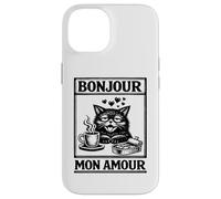 Gatos Divertido Café, Bonjour Mon Amour, Gatos Carcasa para iPhone 14