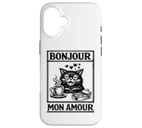 Gatos Divertido Café, Bonjour Mon Amour, Gatos Carcasa para iPhone 16