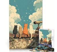 Gatos en una Pared con telescopio Rompecabezas para Adultos de 1000 Piezas Piensa,Entrena,Juega,relájate,Borde definido Regalo Original (38x26cm)