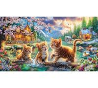 Gatos-Playing-by-Lake-in-Cottage-Scene Rompecabezas para Adultos: 1000 Piezas de Cartón Reciclado - Decoración 38x26cm/1000pcs