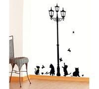 Gatos traviesos Aves y farola Farola Pegatinas de pared decoración del hogar Sala de escuela Pegatina de pared de vinilo para jardín de infantes 143 * 97 cm