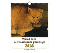 Gatti strani nel calendario da parete Rinascimento 2026, calendari divertenti per gli amanti dei gatti, 12 gatti strani medievali nei dipinti artistici, per decorare l'ufficio di casa (1pc)