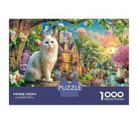 Gatto del Giardino Fantastico Cartone Gatto Bianco e Casa di Campagna nel Giardino Puzzle da Incastrare Premium Antistanco Decorazione per Casa 38x26cm/1000 Pezzi