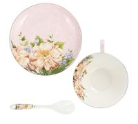 Gatuida Juego de Taza de Café de Porcelana Hueso Europea Platillo y Cuchara Diseño Floral Rosa, Vajilla para Café Estilo Europeo, Set para Hogar, Restaurante y Oficina, 3 Piezas