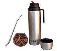 Gaucho Bruno - Kit con mate de cerámica bombilla y termo- Mate de cerámica con diseño tribal, bombilla de acero inoxidable y termo de acero inoxidable con pico cebador- Reusable