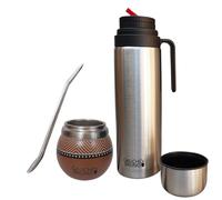 Gaucho Bruno - Mate de Acero Inoxidable para Beber Yerba Mate | Mantiene la temperatura de la bebida | Con Bombilla y termo de 1 litro con pico vertedor de precisión pico Cebador