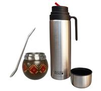 Gaucho Bruno - Yerba Mate de acero inoxidable para beber | Mantiene la temperatura de la bebida | Diseñado para parecer una calabaza natural | con bombilla y frasco de 1 litro con boquilla de