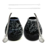 Gaucho Cebar Yerba Mate-tee Calebasse Set para Dos ● Taza de té Mate Marmol Azul y Oscuro 350 ml ● Taza de cerámica ● Pajita de Acero Inoxidable Bombilla 19 cm ● Cepillo de Limpieza