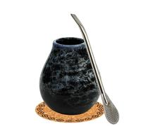 Gaucho Yerba Mate-Tee Kalebasse Set●Mate tee becher Marmol Blue 350ml●Keramik tasse●Edelstahl trinkhalm Bombilla 19cm●Mate Trinkgefäß mit Strohhalm● Korkpad