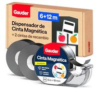 GAUDER Cinta Magnética con Dispensador - Tira Magnética Autoadhesiva para Objetos Ligeros - Cinta Imantada para Postales y Fotos sobre Superficies Metálicas (6 m x 19 mm + 2 Rollos de Recambio)