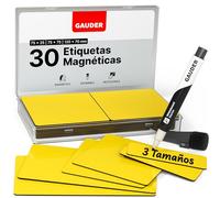 GAUDER Etiquetas Magnéticas Reutilizables - Imanes para Escribir para Pizarra Blanca, Tablero Kanban, Nevera y más - Tarjetas Magnéticas con Rotulador (30 Unidades - 3 Tamaños)