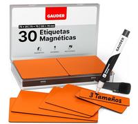GAUDER Etiquetas Magnéticas Reutilizables - Imanes para Escribir para Pizarra Blanca, Tablero Kanban, Nevera y más - Tarjetas Magnéticas con Rotulador (30 Unidades - 3 Tamaños)