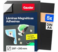 GAUDER Lámina Magnética Autoadhesiva - Hoja Imantada para Fotos, Manualidades y Carteles - Película Magnética Adhesiva para Hogar, Escuela y Oficina (5 Unidades - DIN A4-297 x 210 mm)