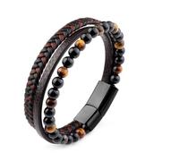 GAUEIOUR Pulsera de cuero negro multicapa para hombre, cuentas de piedra con cierre de acero, bandas de cuerda vikinga, pulsera de surfista, ojo de tigre, trenzada, joyería masculina, regalo para