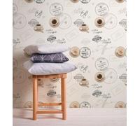 GAULAN 454973 - Papel pintado vinílico lavable con tazas y platos de café en relieve fondo blanco para pared salón cocina mueble comedor oficina - Rollo de 10 m x 0,53 m