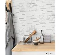 GAULAN 500421638 - Papel pintado vinílico lavable de tazas de café desayuno, gris blanco con relieve para pared cocina mueble oficina despacho bares - Muestra DIN A4