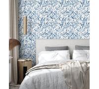 GAULAN 500681437 - Papel pintado vinílico lavable de hojas en tonos azul acuarela de diseño moderno estilo botánico para pared habitación salón cocina baño - Muestra DIN A4