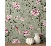 GAULAN 500681988 - Papel pintado de pájaros y flores fondo texturizado efecto fibra vegetal verde para pared salón cocina baño dormitorio comedor - Muestra DIN A4