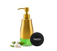 Gaussra Dispensador de jabón con posavasos y calcomanías, dispensador de bomba de mano de vidrio de acero inoxidable dorado cepillado, botella antioxidante, para botella de detergente de cocina y baño