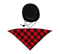 Gavigain Cowboy Hat and Buff Set, Correa de Barbilla Ajustable, cómodo poliéster, para Perros y Gatos pequeños, Cosplay, Fiesta, sesiones de Fotos (Cuadrícula Negra + roja)
