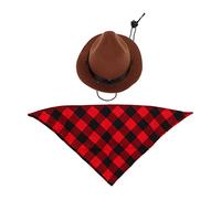 Gavigain Cowboy Hat and Buff Set, Correa de Barbilla Ajustable, cómodo poliéster, para Perros y Gatos pequeños, Cosplay, Fiesta, sesiones de Fotos (Brown + Red Grid)