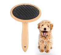 Gavigain Mango de madera ergonómico Cepillo de aseo de mascotas, agujas de acero suave, desenredación suave, estimulación de la piel, para perros y gatos (Trompette à tête ronde)