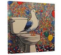 Gaviota en el inodoro, pintura de laberinto de arte pop, fuegos artificiales multicolor, lienzo de celebración a orilla del mar, arte de pared caprichoso y divertido para baño, dormitorio, sala de