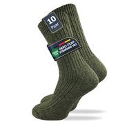GAWILO Calcetines gruesos y cálidos para hombre (10 pares) | calcetines de caza resistentes con gruesa suela de rizo de 70% lana | ideales también como calcetines de trabajo, Verde con eje acanalado,