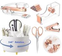 Gawsey Juego de 7 organizadores de escritorio y accesorios con soporte giratorio de 360 grados, grapadora acrílica, soporte de cinta, removedor de grapas, kit de carpeta/clips de papel, tijeras y 1