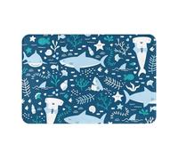 gawuoab Felpudo de Interior Lavable y Antideslizante de 61 x 40 cm con diseño de tiburón Sonriente, Animales Marinos, Peces y Estrellas de mar, Color Azul. Alfombra de baño.
