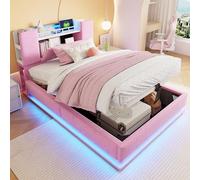 GAWYOEX Cama tapizada de 90 x 200 cm con iluminación LED y USB, cama doble con espacio de almacenamiento en el cabecero, cama de almacenamiento hidráulico, estructura de cama con somier de láminas de
