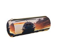GaxfjRu Aircraft Plane at Sunset - Estuche redondo de piel sintética, almacenamiento para bolígrafos, lápices, marcadores, suministros pequeños, cremallera de metal con cuero, Gold, Talla única